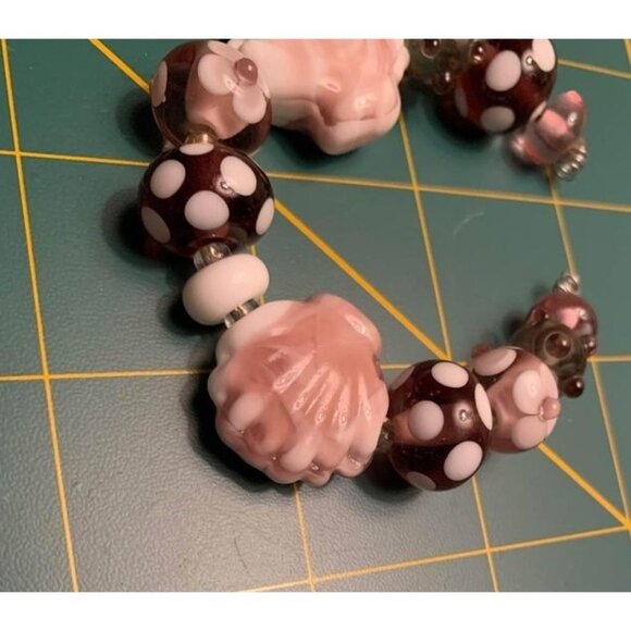 Handmade Pink & Brown Lampwork Glass Beads with Polka Dots & Seashell Designs - - Picture 3 of 4